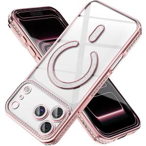 Magnetic Glitter Diamond for iPhone 13 Pro Case[Compatible with MagSafe] Sparkle Rhinestone Camera Lens Protector Plated,Crtstal Clear Slim Military Drop Shockproof Cover for Women,Pink