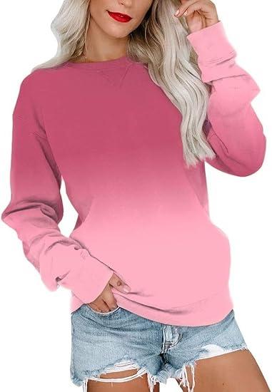 Women's Casual Crew Neck Sweatshirt Loose Soft Long Sleeve Pullover Tops Size Small Pink Ombre