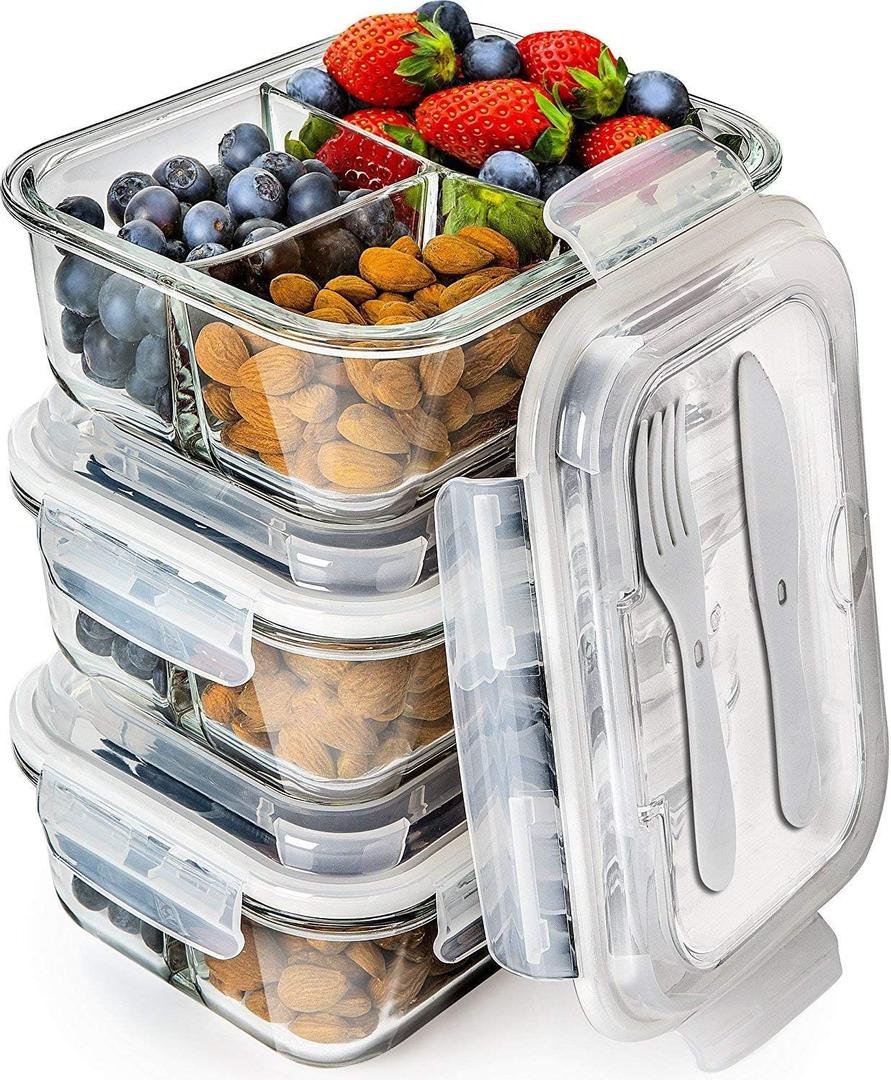 PrepNaturals 3 Pack 34 Oz Glass Meal Prep Containers - Dishwasher Microwave Freezer Oven Safe - Glass Storage Containers with Lids (Multi-Compartment)