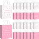 Kolldenn 30 Pack Pink Bow Birthday Party Paper Bags with Handles Kraft Gift Wrap Bags for Coquette Bow Party Favors Grocery Goody Snacks Decoration Supplies
