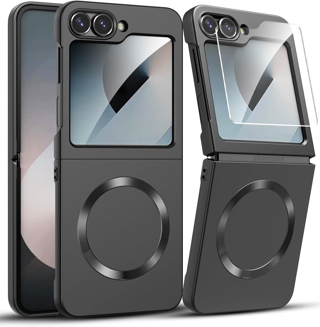 MAKAVO for Samsung Galaxy Z Flip 6 Case, Flip 7 FE Case Compatible with MagSafe, with Built-in Screen Protector, Flip6 Slim Hard Magnetic Phone Case, Black