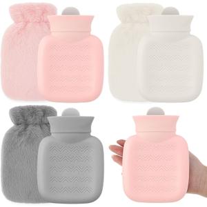 Amylove 3 Pcs Mini Hot Water Bottle for Hot & Cold Compress with Cover 320ml Silicone Microwave Heating Bottles Small Water Bag for Travel Holiday Gift (Pink, Gray, White,Plush)