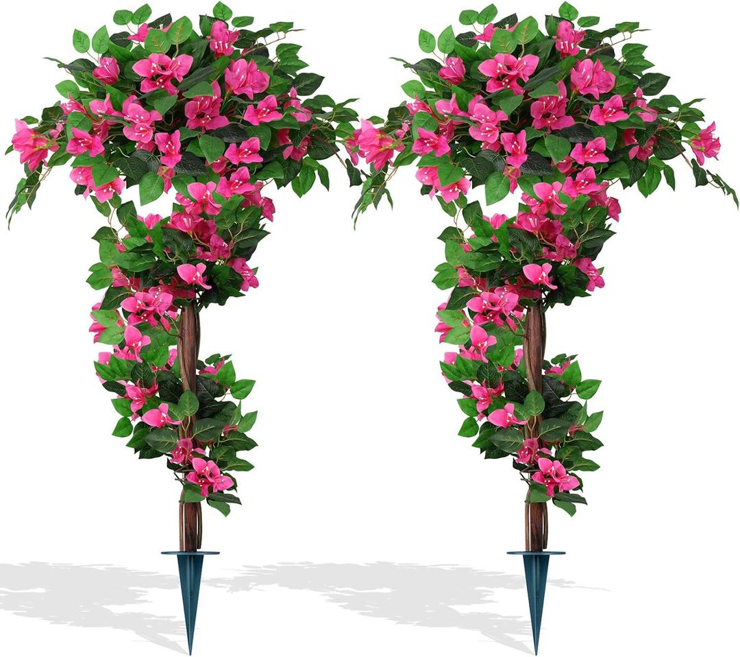 2Pack 4FT Artificial Bougainvillea Topiary Trees for Outdoor, Fake Silk Flowers Plants Bushes with Ground Spike, Faux UV Resistant Shurbs Trees for Outside, Front Porch, Patio, Balcony Decor