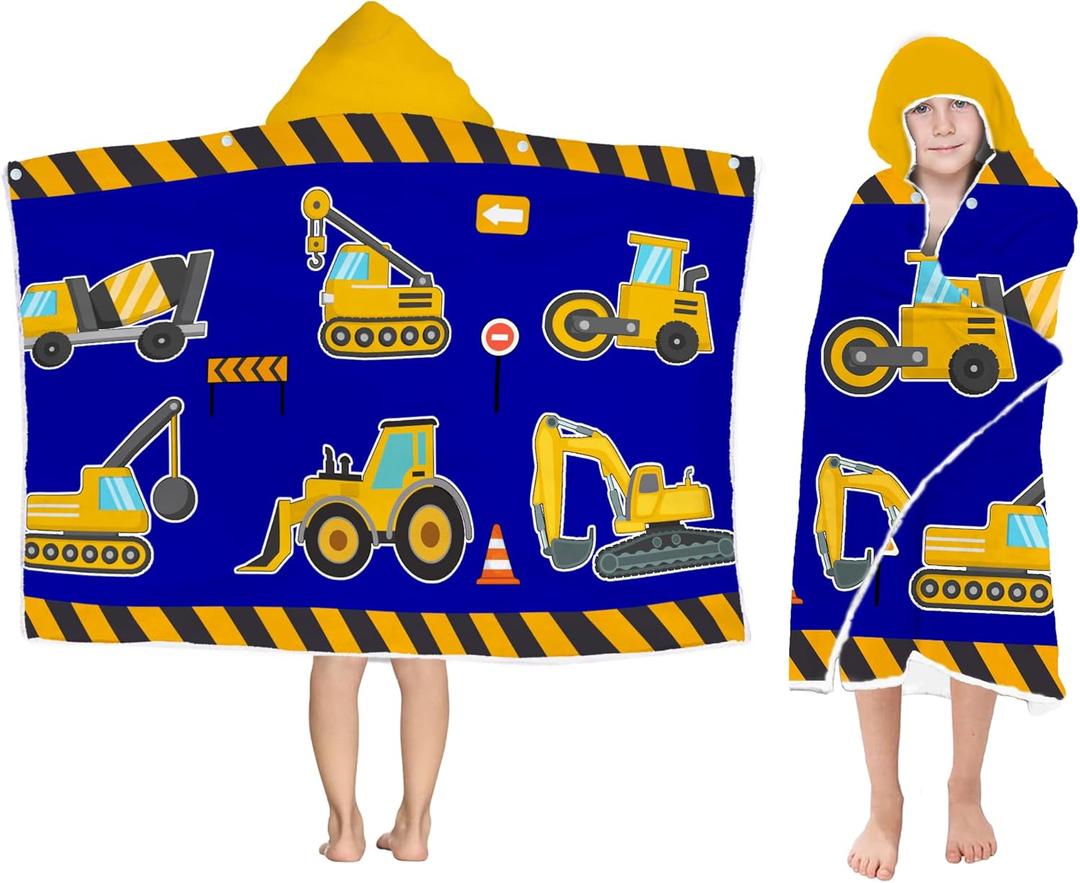 Excavator Hooded Beach Towel for Boys, Soft & Absorbent Truck Excavator Poncho Towel, 30x50 Construction Truck Bathrobe for Kids Cool Cartoon, Quick Dry Swim, Pool, and Bath Time
