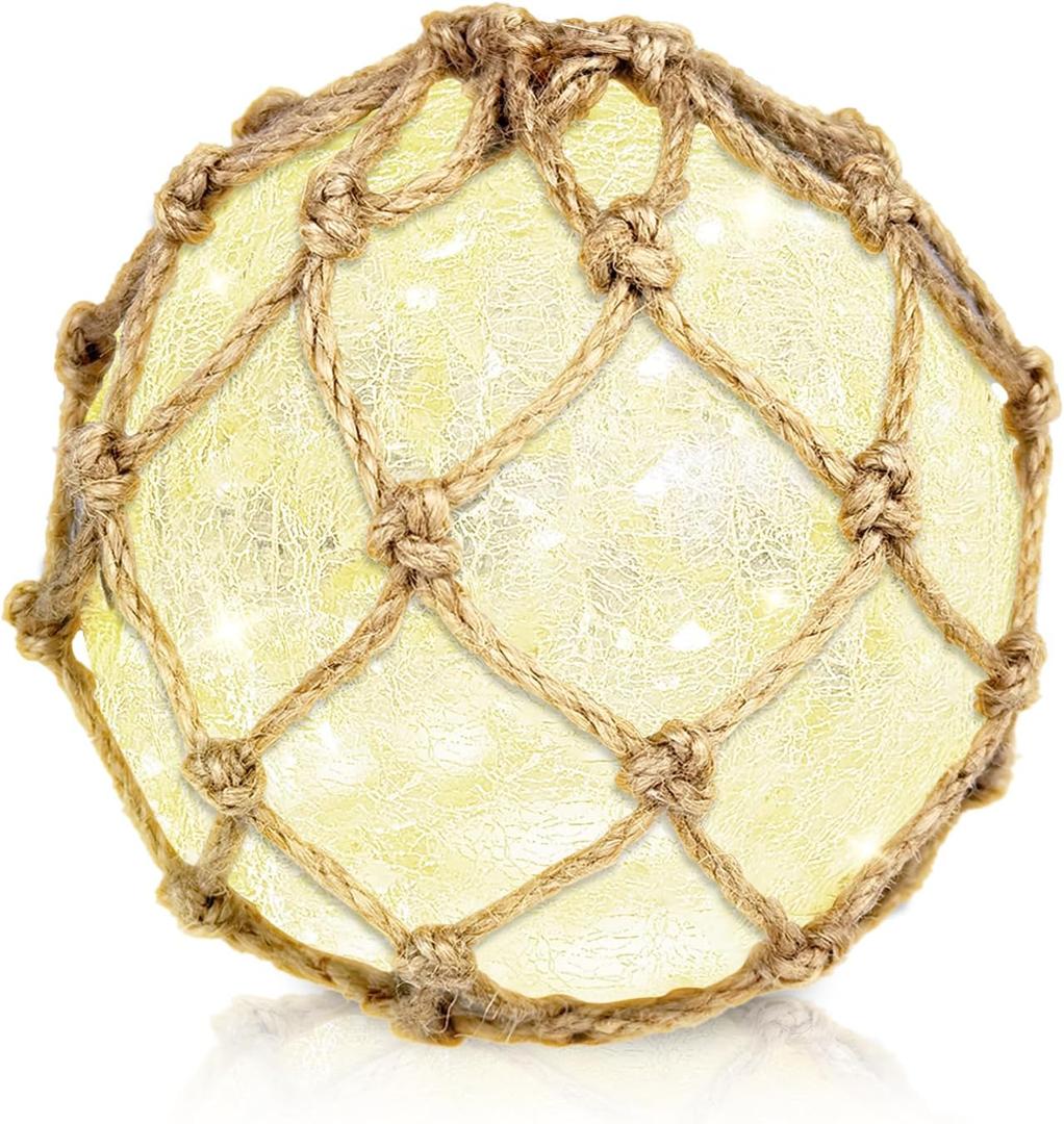5.91" Glass Fishing Float Night Light  Cracked Glass Ball, Battery Powered Nautical Lamp for Coastal Beach Decor (White)