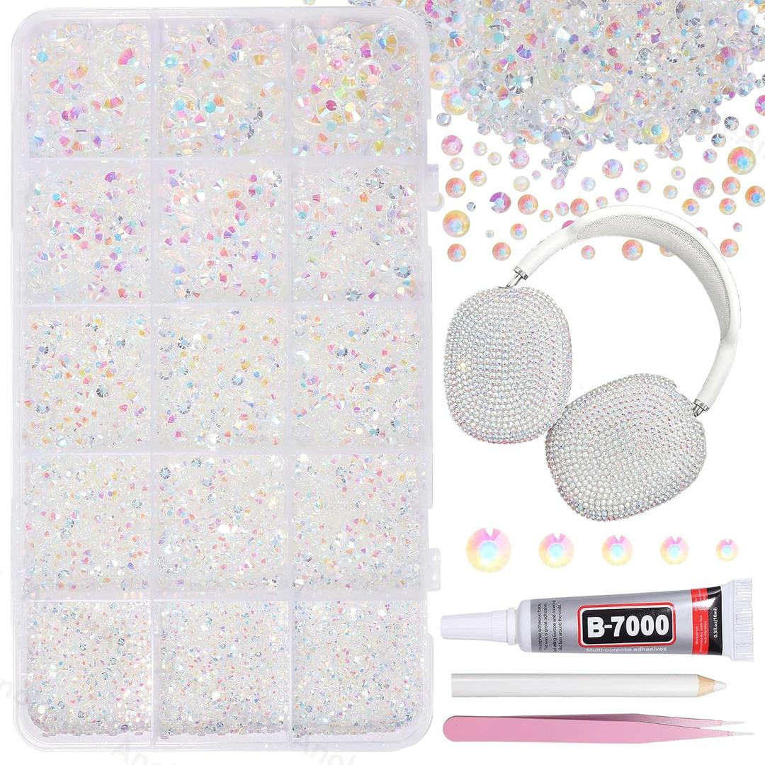 12000Pcs Clear AB Rhinestones for Bedazzling Kit, 2/3/4/5/6mm Mix Sizes Jelly Bedazzling Resin Gems, Gems Bedazzling for Crafting, Flatback Rhinestones for Craft DIY Face Makeup Crafts Tumblers