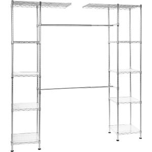 Amazon Basics Expandable Adjustable Metal Closet Organizer with Hanging Rod, Clothes Rack, Shelves, 57-80 x 14 x 72 inches (LxWxH), Chrome