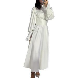 xxxiticat Women's Green Satin Dress Long Lantern Sleeve Mock Neck Puff Shoulder Tie Waist Pleated Cocktail Maxi Slip Dresses (White, XL)