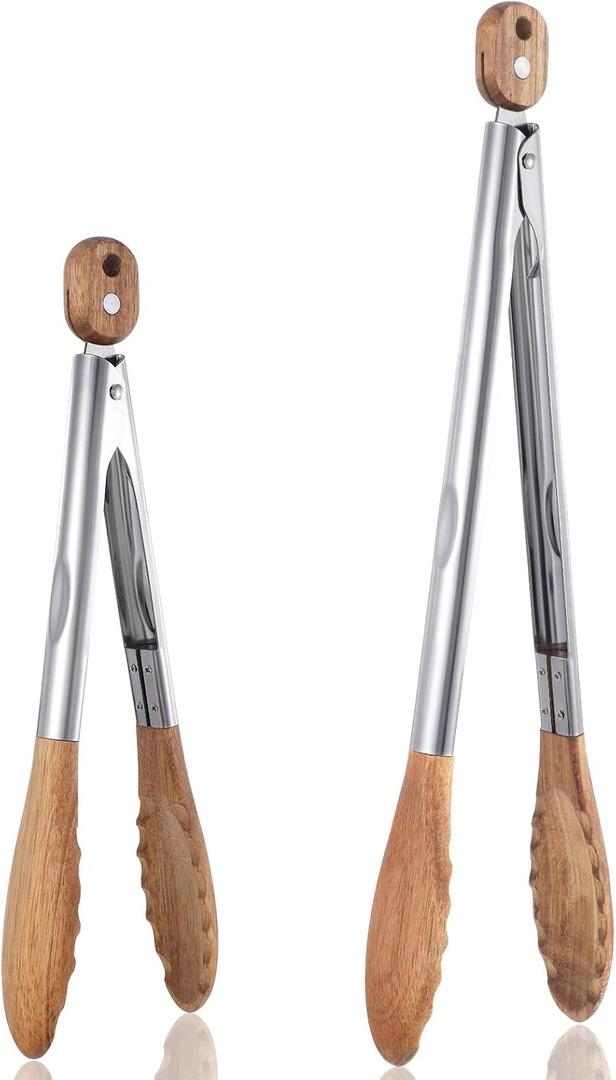 12 & 15 Inch Long Wooden Tongs for Cooking & Serving Food, Kitchen Stainless Steel Salad Tongs with Acacia Wood Tip, Smooth Locking & Hanging Cooking Utensils Set, Non-Slip, Heat Resistant, Pull Lock