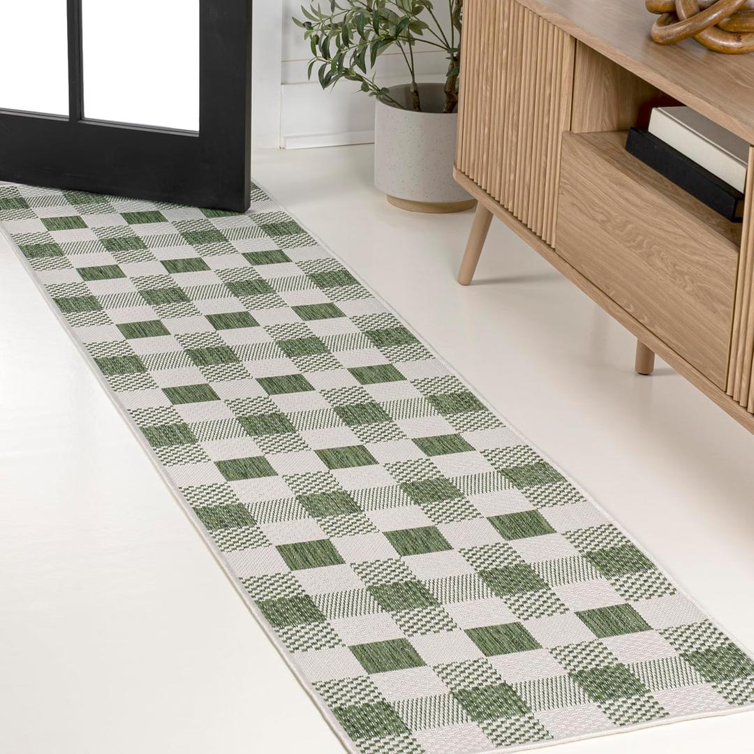 JONATHAN Y TSN201E-28 Darcy Traditional Geometric Bold Gingham Green/Cream 2 ft. x 8 ft. Indoor/Outdoor Runner Rug, Pet Friendly, Stain Resistant, Easy-Cleaning for Home, Patio, Backyard, Porch (2' x 7'10" (Rectangular))