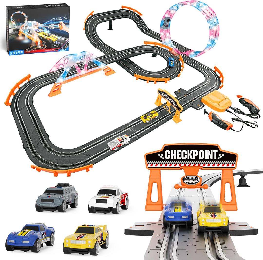 2-in-1 Slot Car Race Track Sets - Electric Race Car Track with 4 High-Speed Racing Cars, Dual Racing Game Lap Counter Circular Overpass Tracks, Remote Control Cars Toys/ Gift for Boys Kids Ages 8-12