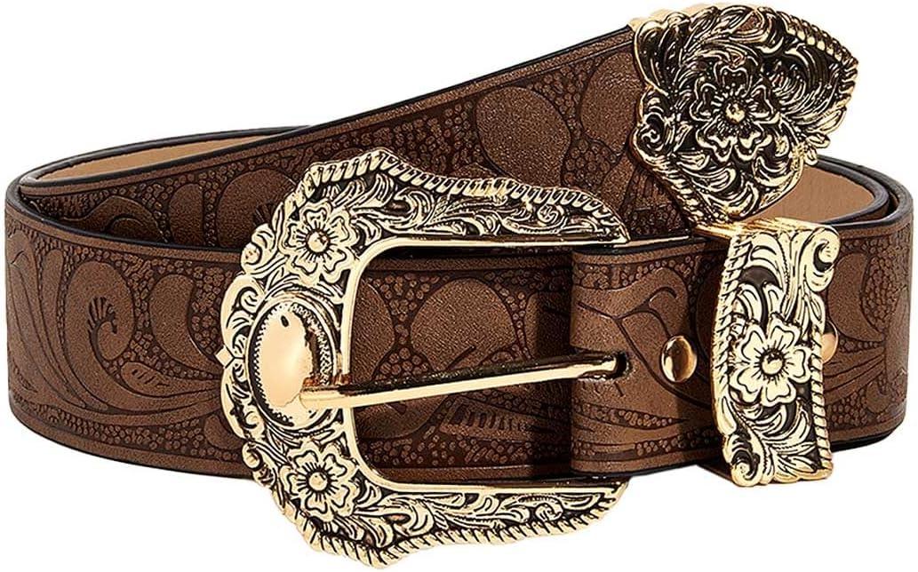 Tgirls Brown Western Belts Cowboys Cowgirls Belt for Jeans Vintage Country Leather Belt (Fits waist size:25''-35'', Gold)