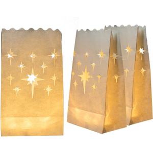 Homemory White Luminary Bags, Upgraded Moisture-Proof Candle Bags, Stars Design Luminaries for Wedding, Party, Halloween, Thanksgiving, Christmas (24)
