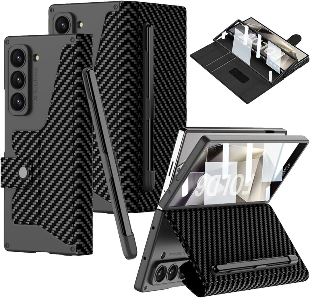 DEMCERT for Samsung Galaxy Z Fold 6 Case with S-Pen Slot, Full Body Protective, [Removable Pen Slot], Anti-Scratch Hard Slim Leather Bracket Case with Screen Protector (Carbon Fibre)