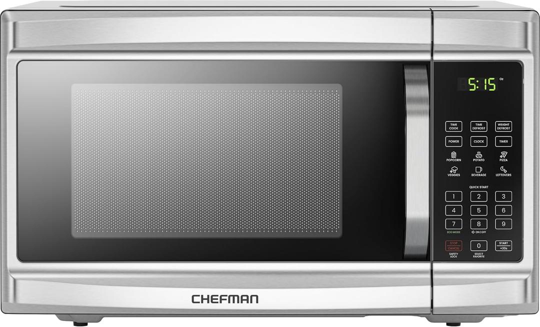 Chefman Countertop Microwave Oven, 1.3 Cu. Ft. Digital, Stainless Steel, 1000 Watts, with 6 Auto Menus, 10 Power Levels, Eco Mode, Memory, Mute Function, Child Safety Lock, Easy Clean Microwave Ovens