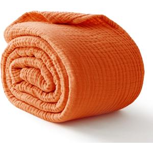 100% Cotton Muslin Blanket King 108" x 90", 6 Layers Breathable and Lightweight Cotton Throw Blankets for Bed, Soft Cooling Summer Gauze Blanket for Adults All Season, Orange