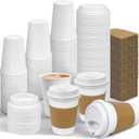 Ginkgo 100 Pack 12 oz Leak-Proof Coffee Cups with Lids and Sleeves Disposable To Go Hot Travel Paper Cups, Hot Chocolate, Cocoa, Tea, Coffee Bar Accessories