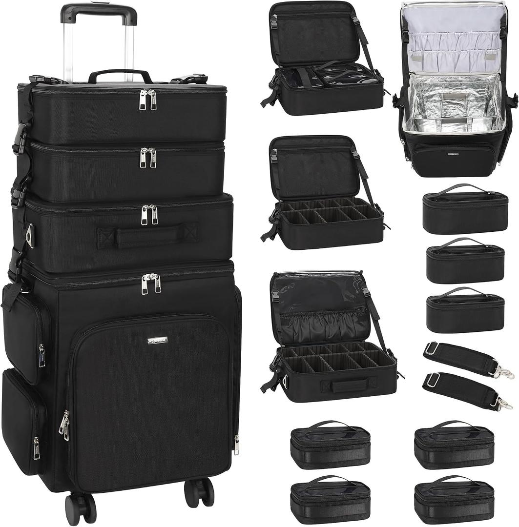 Relavel Rolling Makeup Case, 4 in 1 Hairstylist Traveling Bag Cosmetology Case on Wheels Large Hair Tools Cosmetics Train Case Makeup Artist Organizer (black with 4 additional small bags, Extra Large)