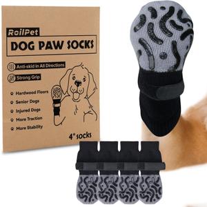 Double Sides Non-Slip Dog Socks to Prevent Licking Paws - Strong Traction for Hardwood Floors, Senior Dogs, Paw Protector, Dog Socks with Grippers Black (X-Small(Pack of 4))