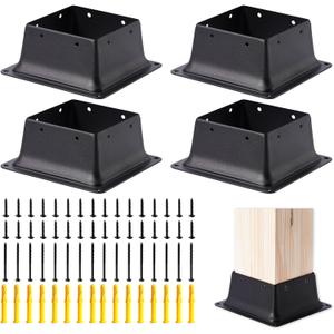 4 x 4 Post Base, 4 Pcs (Inner Size 3.6"x3.6"Deck Post Base) Heavy Duty Metal Black Powder Coated Post Brackets Fit for Standard Wood Post Anchor for Deck Porch Handrail Railing Support