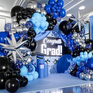 2 x ALL-IN-1 Blue and Black Balloons Arch Kit with BONUS Starbursts Small & Large Silver Black Blue balloons Light, Navy, Royal Blues & Blacks Party Decorations for Baby, Graduation, Birthday, Gaming
