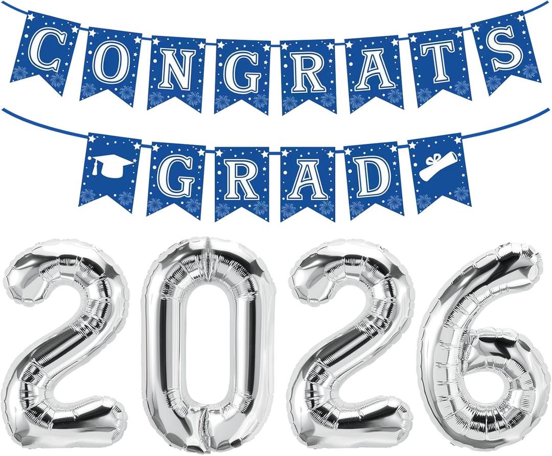 Navy Blue and Silver Graduation Decorations 2026, Silver 2026 Balloons, Congrats Grad Banner, Graduation Party Supplies