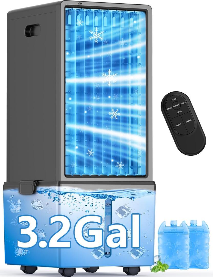 4-IN-1 Windowless Air Conditioner Portable w/3.2-Gal Tank for 30H Cooling, 4 Speeds &4 Modes, Waterless Alert System Swamp Cooler, LED Touch & Remote,12H Timer, Evaporative Air Cooler for Room