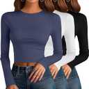 Riyiper 3 Pack Women's Ribbed Crop Tops, Long Sleeve Layer Tight Slim Fit Shirts Basic Crew Neck Tops Fall Y2k Clothes (XL)