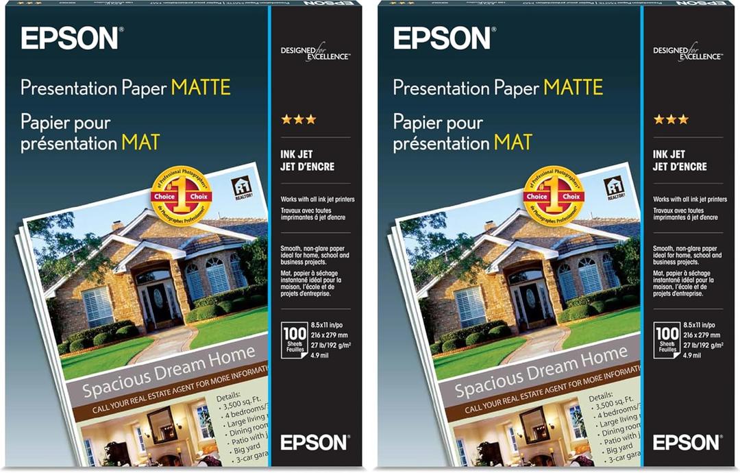 Epson Presentation Paper Matte, 8.5 x 11 Inch, (S041062), White 100 Count (Pack of 2)