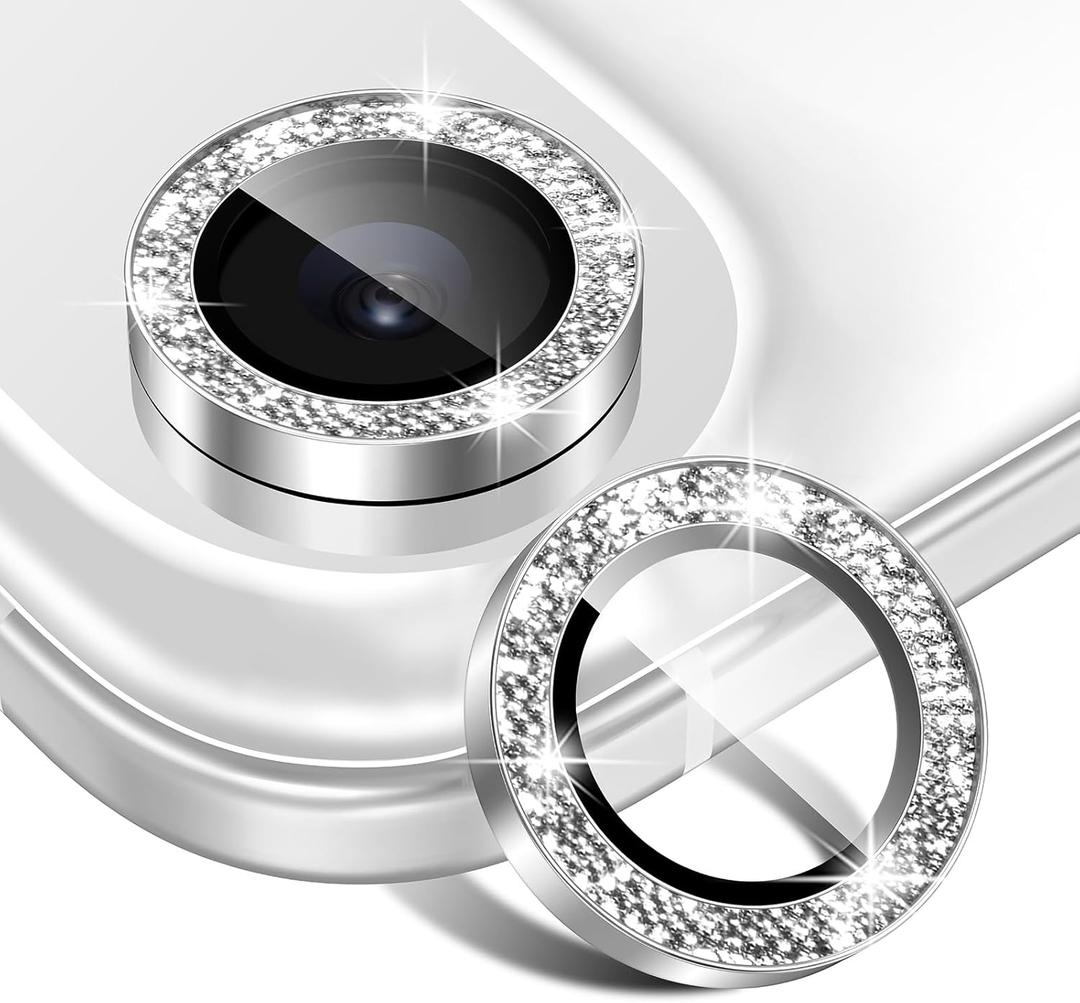 Matekxy for iPhone 17 Air Camera Lens Protector Glitter - Cute Girly Metal Individual Bling Ring Cover for Women, 9H Anti-Scratch Tempered Glass with Aluminum Edging, Sliver Cloud White