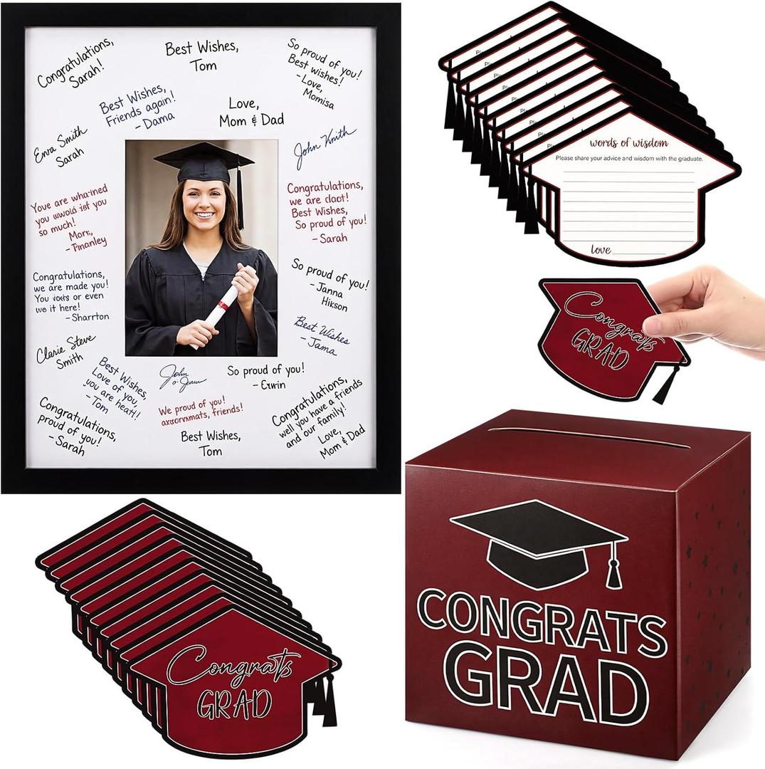 Gueevin Maroon and Black Graduation Decorations 2026 Guest Book Alternative Graduation Card Box Advice Cards 11x14in Signature Board Picture Frame for Class of 2026 Congrats Grad Party Decor Supplies