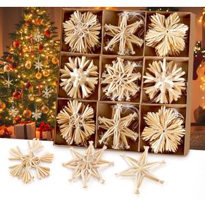 45PCS Straw Star Snowflake Ornaments Set, Scandinavian Christmas Decorations, Denmark Norway Nordic Straw Snowflake Ornaments for Christmas Tree, Wreath, Garland Decor