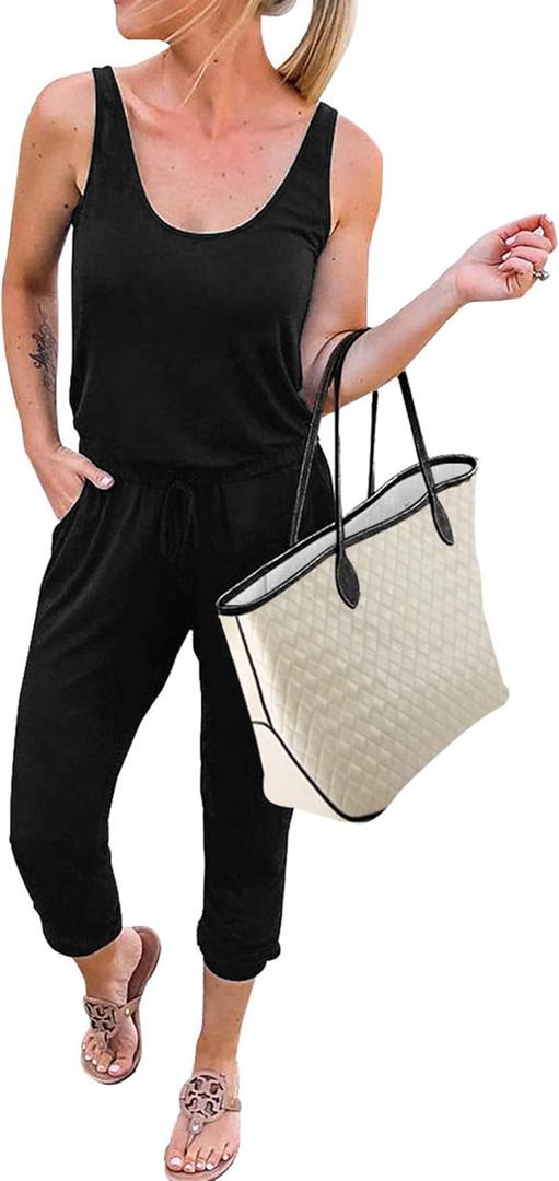 KIRUNDO Women 2026 Summer Jumpsuits Casual Sleeveless Drawstring Elastic Waist Romper Vacation Cruise Airport Travel Outfits (Black, L)
