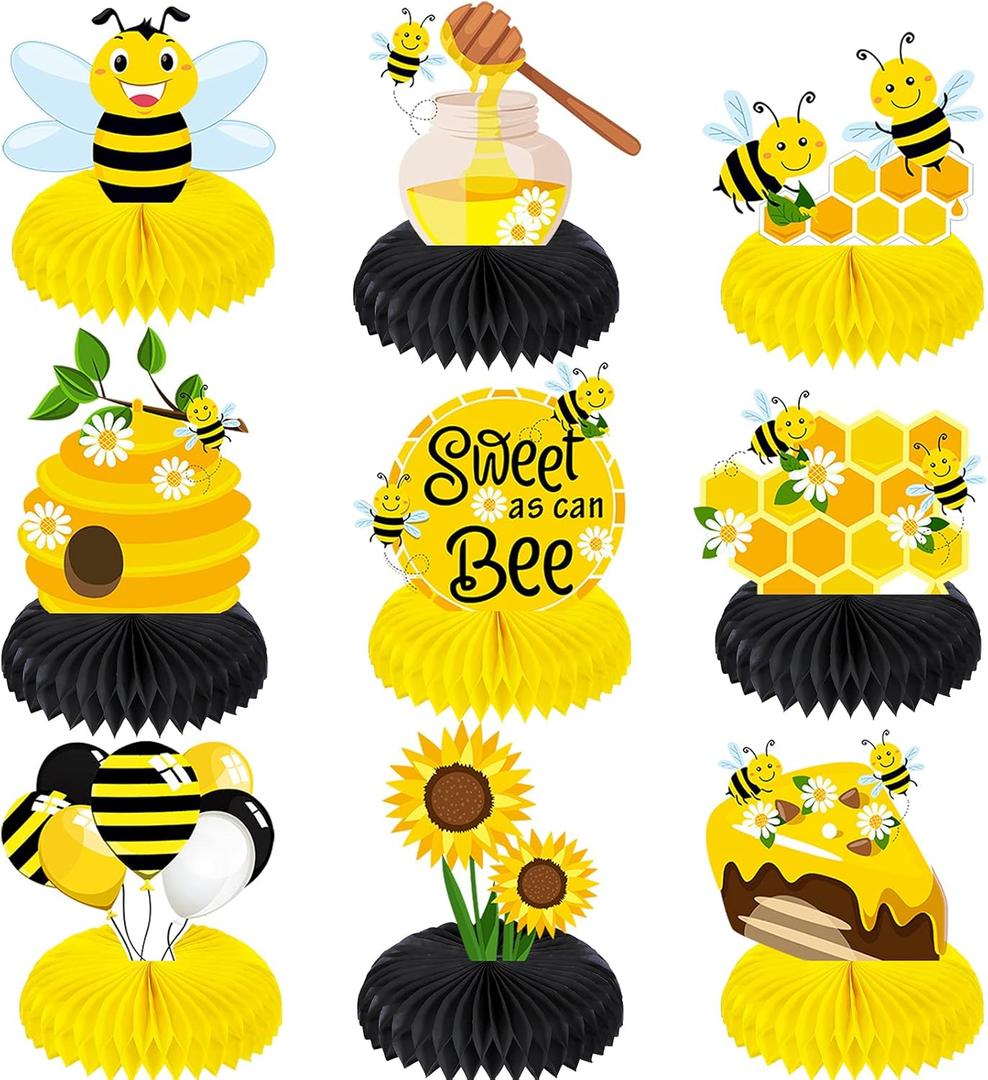 Outus 9 Pcs Honey Bee Baby Shower Party Decoration Centerpiece Bumble Honeycomb Centerpieces Table Decoration for Bee Day Themed Gender Reveal Birthday Party Supplies