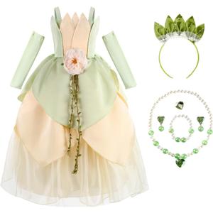 Princess Costume for Girls Birthday Halloween Dress Up Outfits with Accessories (4-5T, Green)