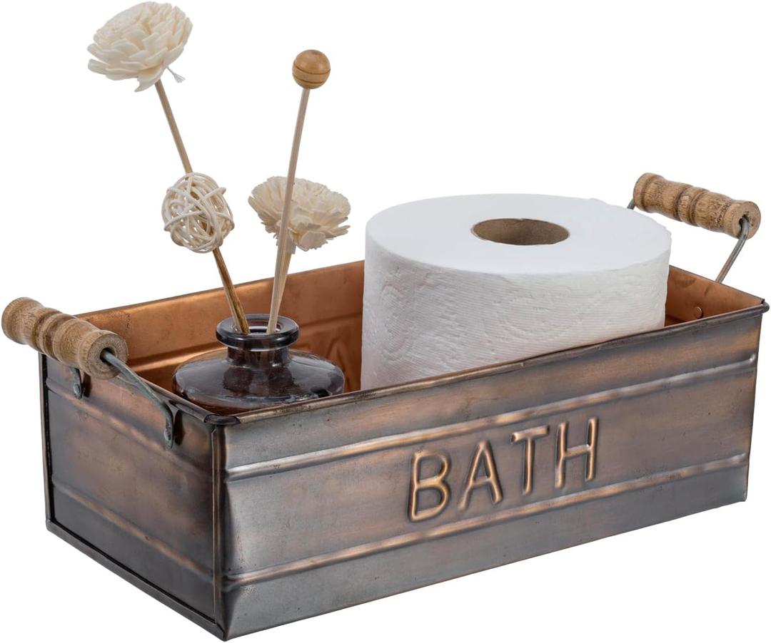 MyGift Copper Bathroom Accessories with Wooden Handles, Vintage Oil Rubbed Bronze Bathroom Toiletries Holder, Organizer Bin with Embossed BATH Label - Handcrafted in India