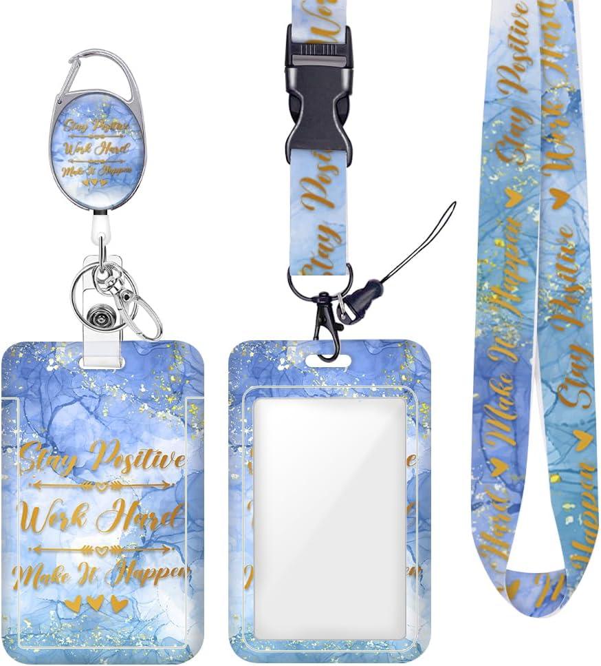 ID Badge Holder with Lanyard Retractable Badge Reel, Inspirational Quote Lanyards for Id Badges Vertical Id Protector Badge Clip for Women Friends Nurse Doctor Teacher Office Gifts (Blue Marble)