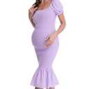 Maternity Summer Midi Bodycon Dresses, Short Puff Sleeve Square Neck Ruffle Hem Mermaid Baby Shower Dress Purple S (Purple, S)