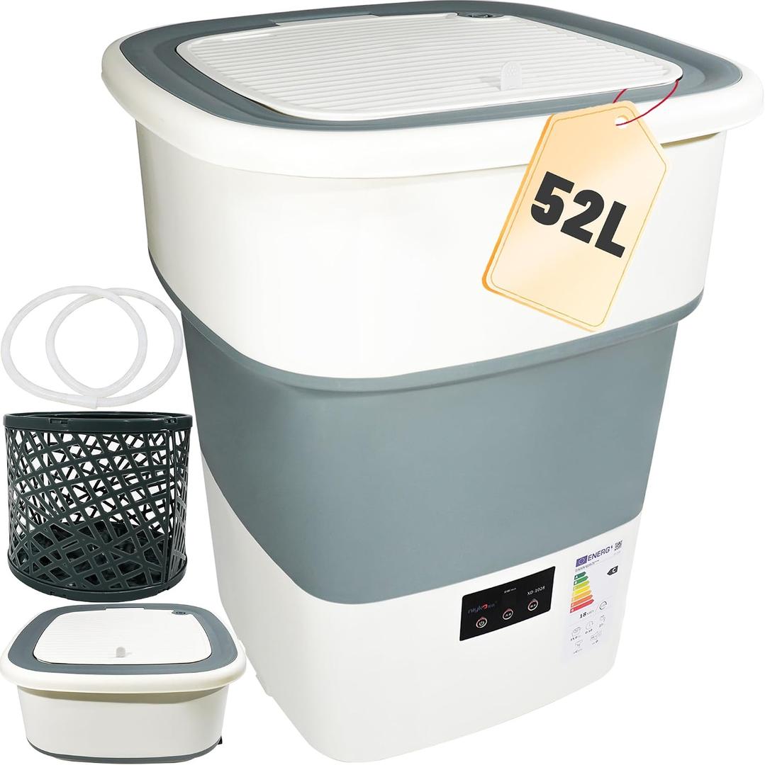 Portable Washing Machine, 52L Large Capacity Foldable Mini Washer with Spin Basket, Adjustable Wash 2–10 Min & Spin 1–6 Min Timer, for Apartment, RV, Camping, Dorm, Travel (Grey)