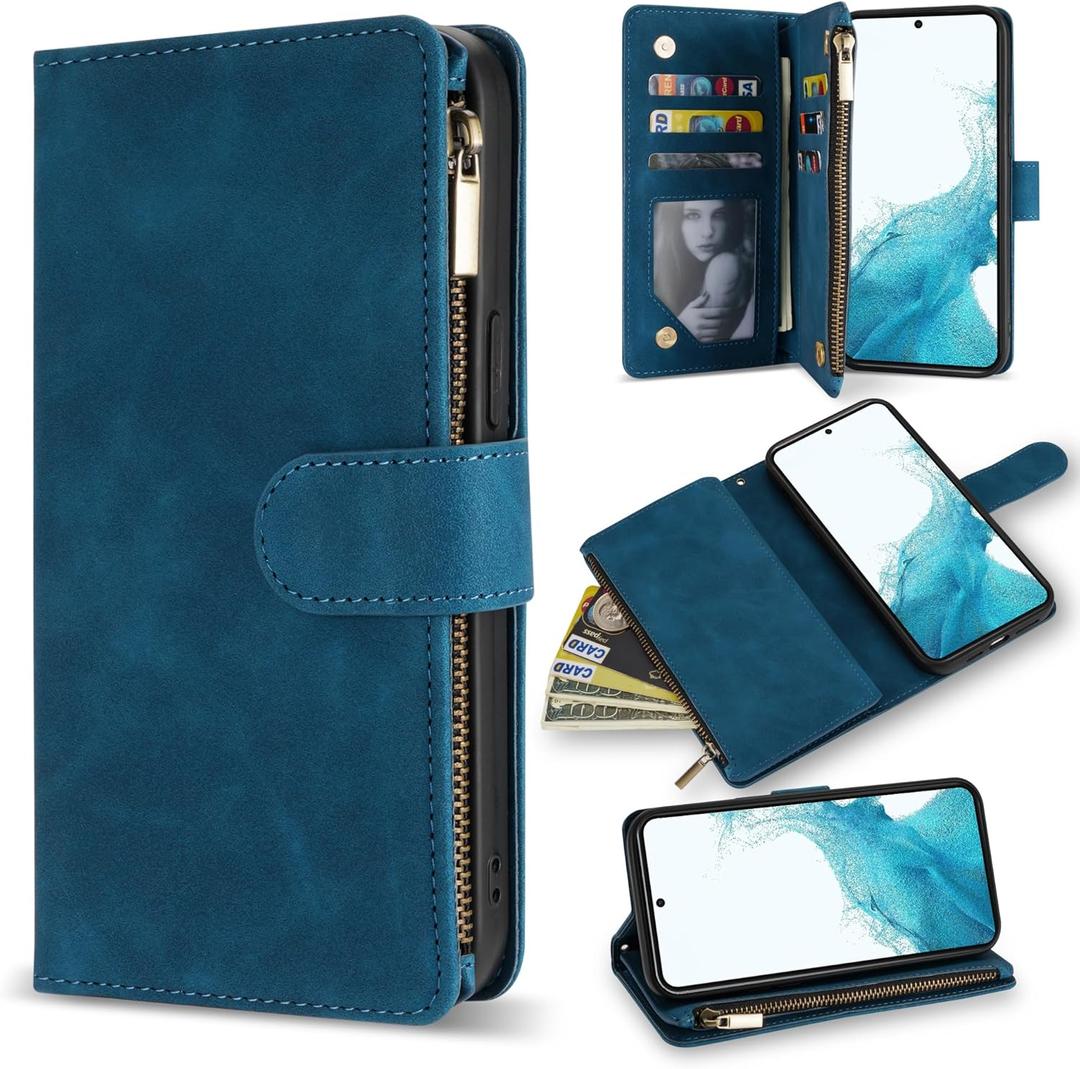 ZZXX for Samsung Galaxy S22 Case Wallet with Card Slot Premium Soft PU Leather Zipper Flip Folio with Wrist Strap Kickstand Protective Case (Blue-6.1 Inch)