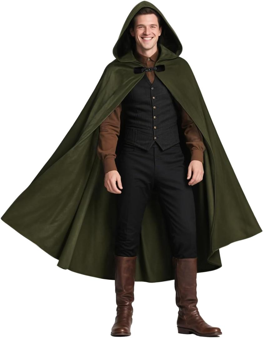 Medieval Hooded Cloak Halloween Renaissance Cape with hood Wizard Costume Sorcerer Cosplay Witch (Green)
