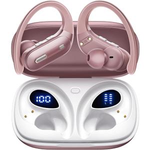 Wireless Earbuds Bluetooth 5.3 Headphones 90 Hrs Playtime Earbuds with Wireless Charging Case Power Display Over-Ear Earphones with Earhooks Waterproof Stereo for Android Phone (Pink)
