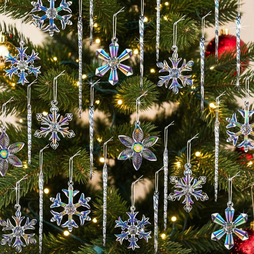 Tondiamo 37 Pcs Glass Icicles Snowflake Christmas Ornaments Set, Include 25 Icicles for Christmas Tree Ornaments 12 2.5" Glass Snowflakes Hanging for Xmas Holiday Winter Party Decor(Colorful)