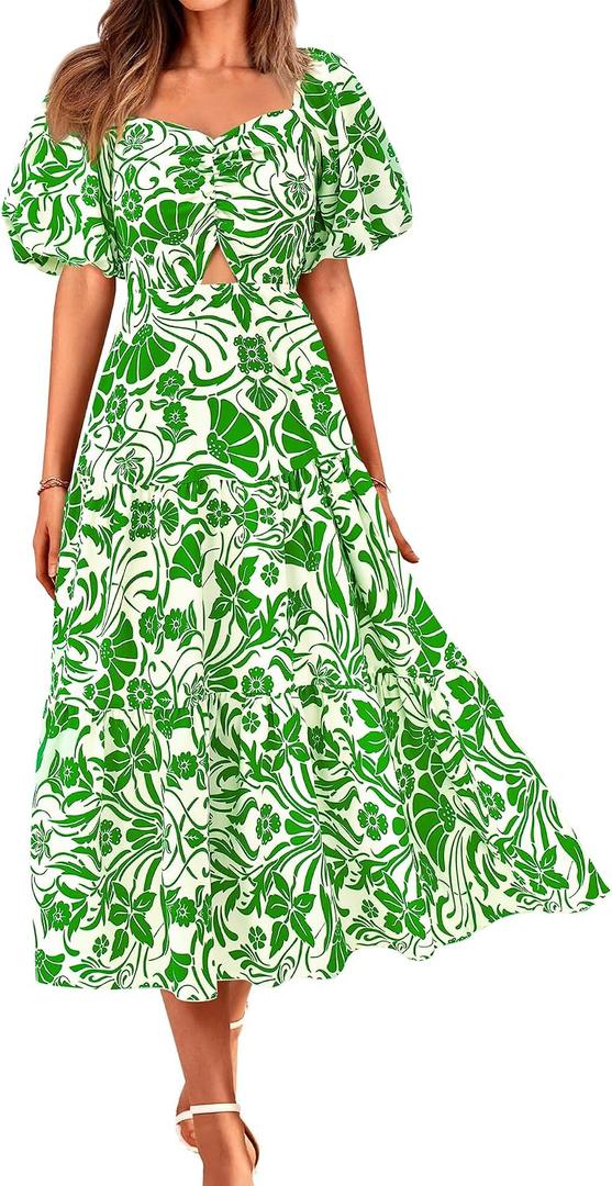 2 x BTFBM Summer Dresses for Women 2026 Spring Outfits Beach Vacation Short Sleeve Smocked Boho Casual Floral Maxi Dress (Green, L)