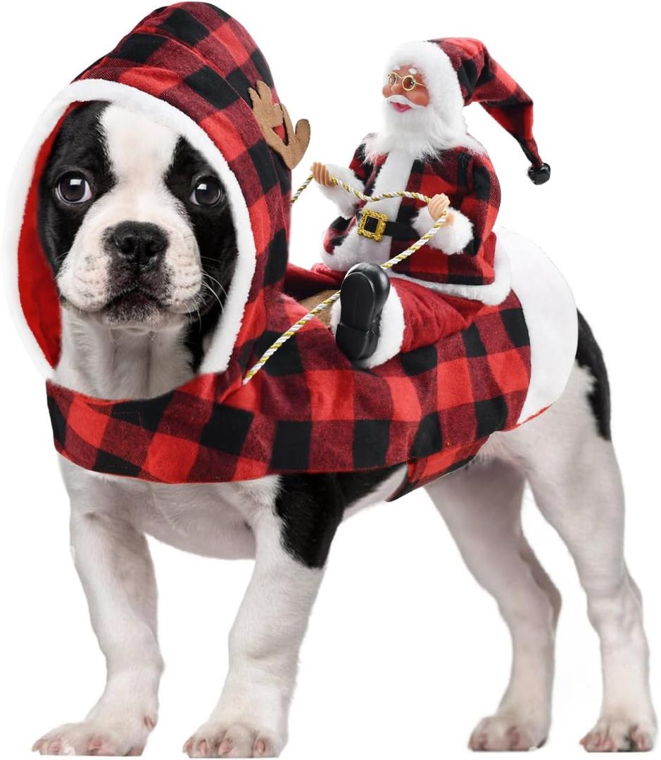 Dog Christmas Costume Running Santa Claus Riding on Pet Christmas Winter Plaid Hoodie Coat for Dog Cat Christmas Holiday Outfit Pet Xmas Dog Clothes S