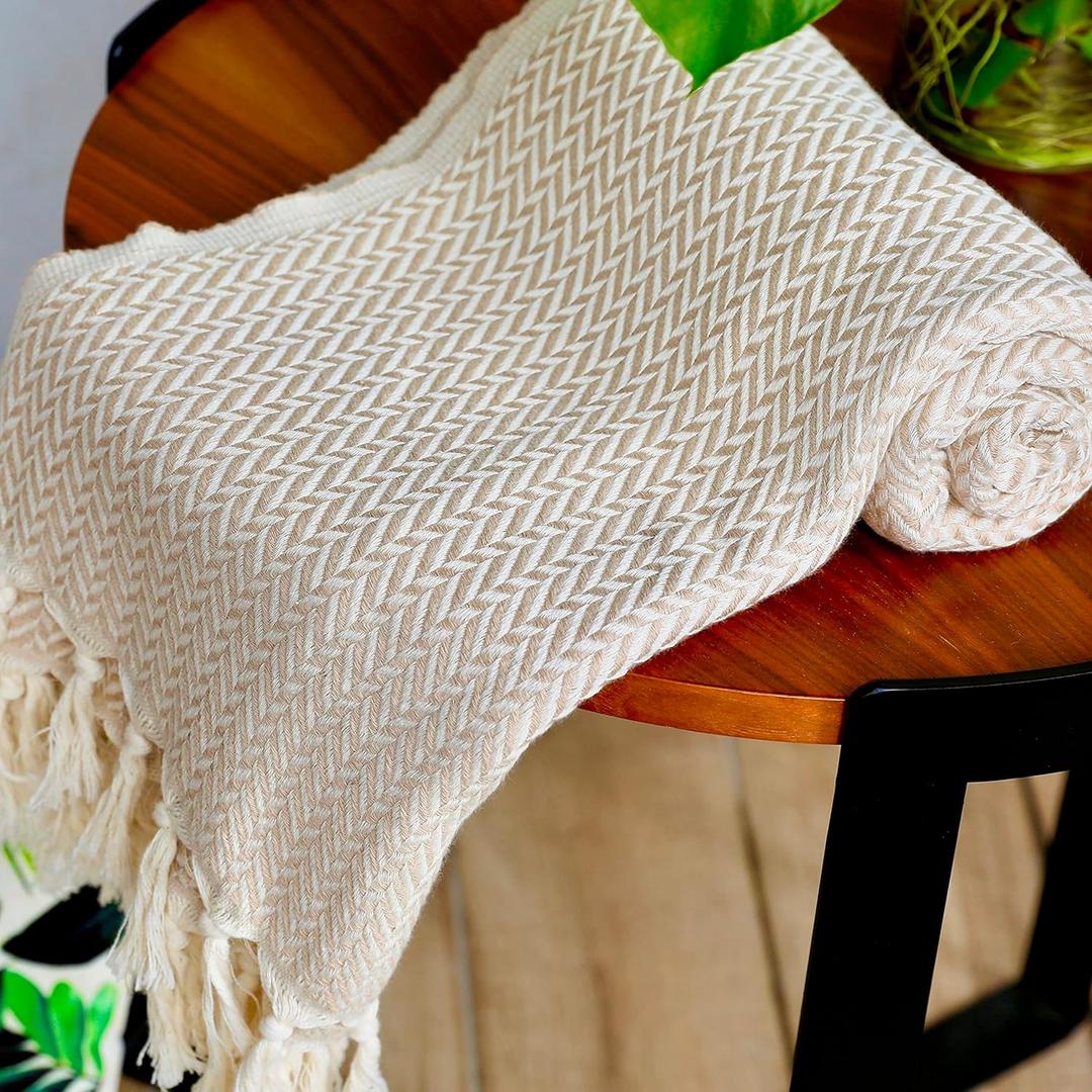 Peshtemania Premium Cotton Boho Throw Blanket Fall Throw Blanket |50x60| Beige Cream for Bed Sofa Couch Outdoor Farmhouse Turkish Throws and Blankets for Bedroom Picnic Blankets Yoga Blanket