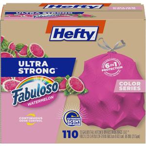 Hefty Ultra Strong 13 Gallon Trash Bags, Tall Kitchen Trash Bags 13 Gallon Size, Resist Leaks, Punctures, and Rips, Continuous Odor Control, Pink, Fabuloso Watermelon Scent, 110 Bags Hefty Ultra Strong 13 Gallon Trash Bags, Tall Kitchen Trash Bags 13 Gallon Size, Resist Leaks, Punctures, and Rips, Continuous Odor Control, Pink, Fabuloso Watermelon Scent, 110 Bags