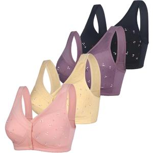 Womens Daisy Bra Front Closure Sports Bras Beauty Back Full Coverage Comfor Easy Close Bra Front Buckle Corset Beige (44, Beige Black Pink Purple 4pcs)