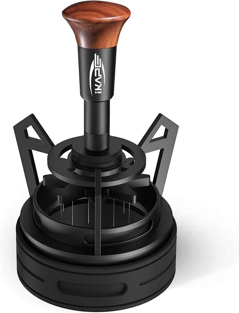IKAPE 53MM Mantis WDT Distribution Tool, Espresso Distribution Tool for Baristas, Featuring 10-Needle Stirrer, Adjustable Needle Height, with Dosing Funnel and Stand, Walnut Handle (Black)