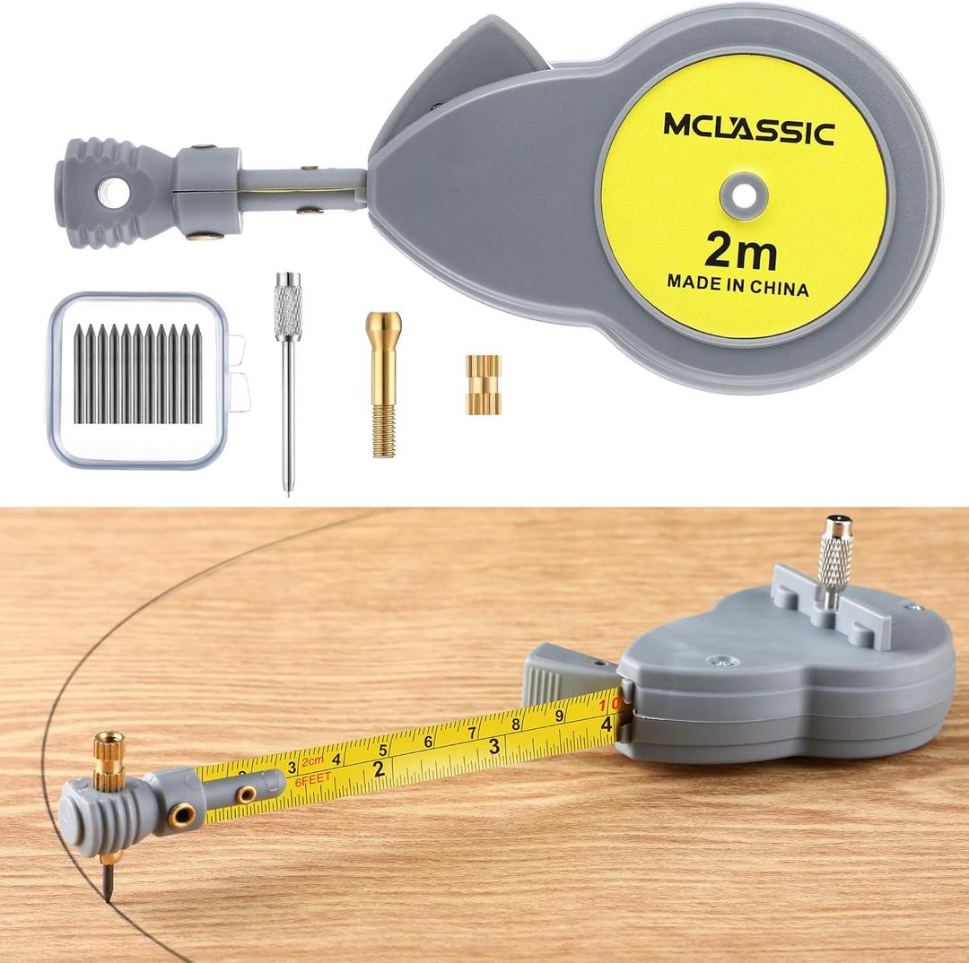 Dreyoo 6.56 ft Rotape Tape Measure Compass with 10 Pencil Leads, Measure Beam Compass for Drawing Circles and Lines, Fixable Button Circle Drawing Tool with Tape Measure